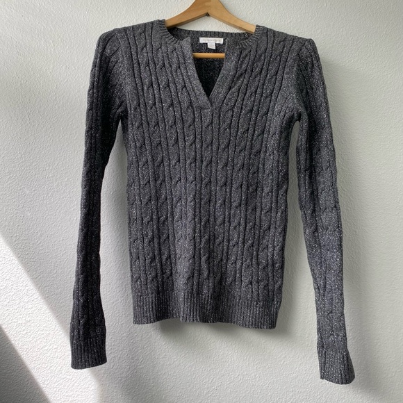 107. Grey with Silver V-Neck Long Sleeve Knit Sweater - Picture 2 of 14